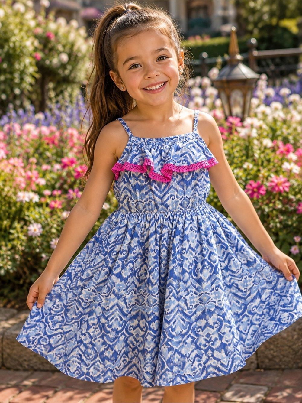 Oshkosh ikat pattern blue, white and pink toddler sun dress - 4T